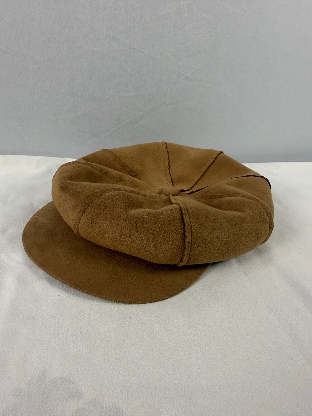 Y2K Brown Suede Look Newsboy Cap Baker Boy Cabbie Hat Faux Fur Lined